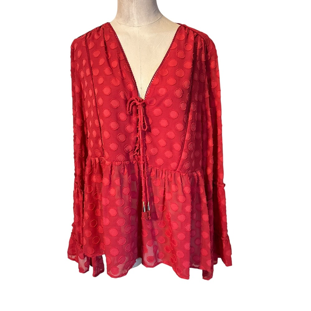 Soft Surroundings Red Besito Tie Front Beaded Tassel Blouse Romantic Bohemian